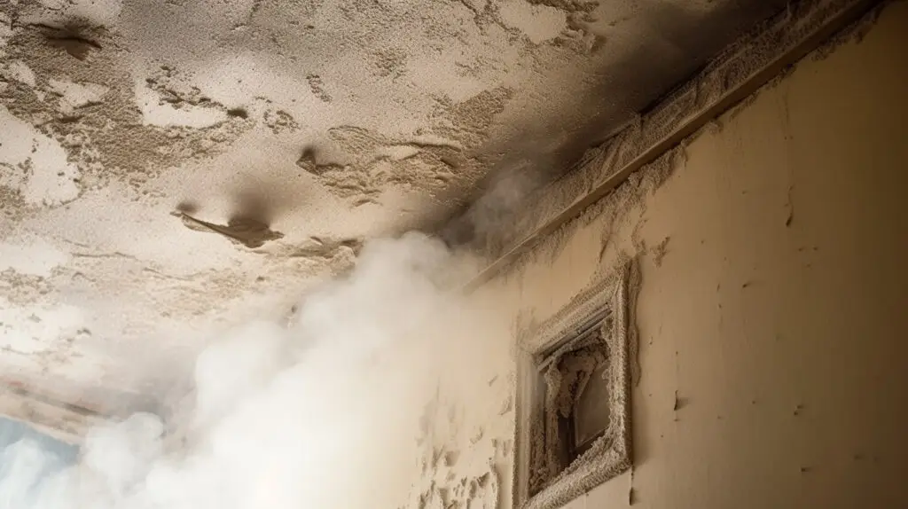 A dimly lit room with smoke rising from a corner where the ceiling meets the walls. The ceiling and walls, stained and damaged by soot, emphasize the need for top-rated air duct cleaners. An air vent on the grimy wall contributes to the scenes neglected and deteriorating appearance.