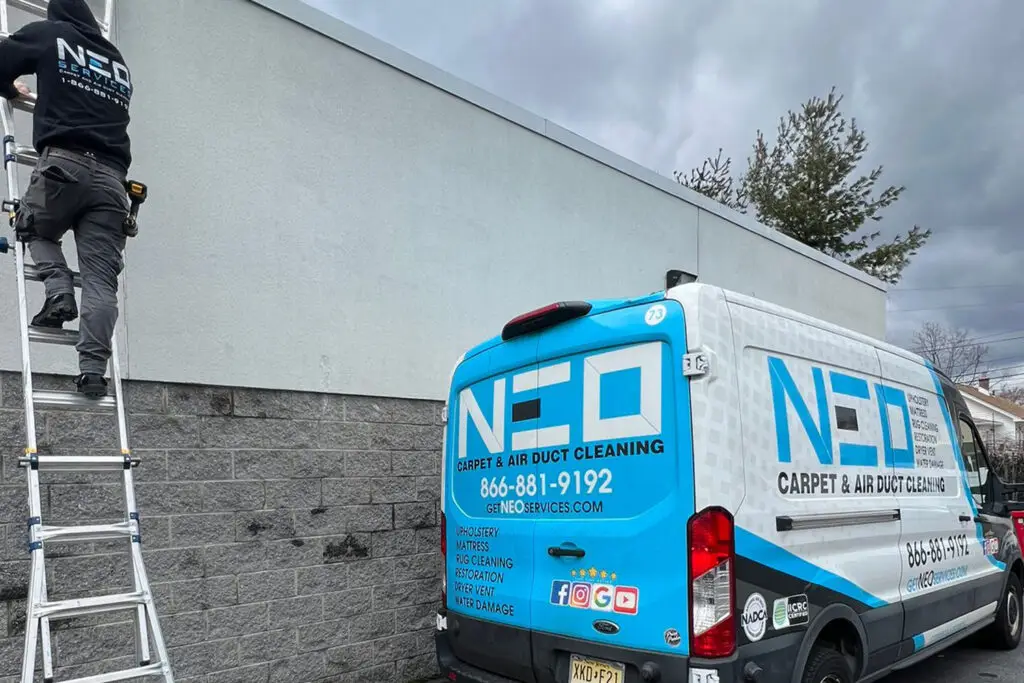 A person climbs a ladder beside a commercial building. Nearby, a white van is parked with NEO Carpet & Air Duct Cleaning written in blue, notable as top-rated air duct cleaners. The van lists services like carpet cleaning and water damage restoration with a contact number. The sky is overcast.