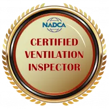 A shiny gold badge with a laurel border. At the top, the NADCA logo, featuring a globe design. Below, in bold red letters, it reads CERTIFIED VENTILATION INSPECTOR. Ideal for air duct cleaners near me, this badge signifies certification and expertise in inspecting ventilation systems.