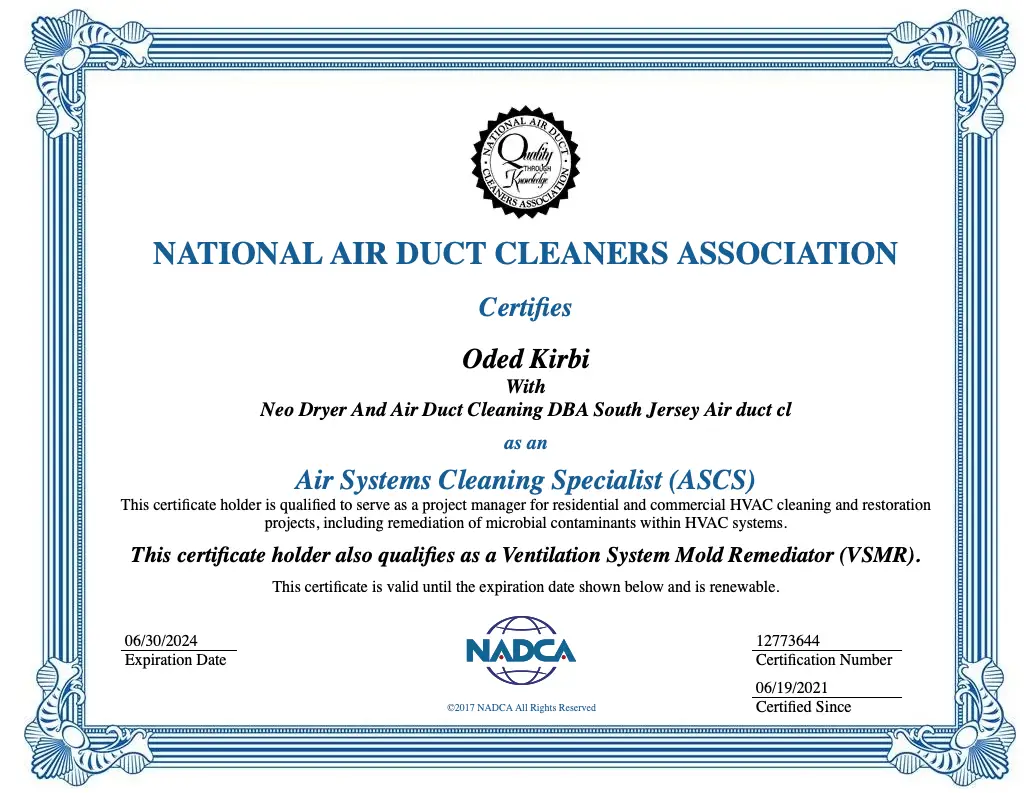 Certificate from the top-rated National Air Duct Cleaners Association awarded to Oded Kirbi for Air Systems Cleaning Specialist (ASCS). Also qualifies as a Ventilation System Mold Remediator (VSMR). Certification date: 06/19/2021. Expiration date: 06/30/2024. Certificate number: 12773644.