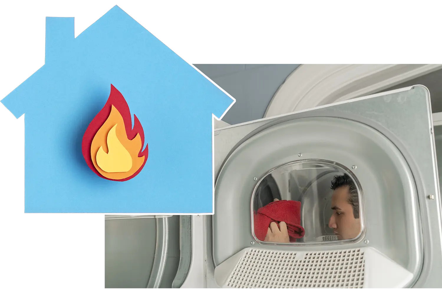 A person loads a red towel into a dryer, visible through the open door. Next to it, an icon of a blue house with a red and yellow flame symbolizes the risk of a house fire. The image emphasizes fire safety in laundry rooms and highlights the importance of top-rated dryer vent cleaning.